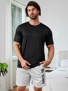 Men 1pc Solid Tee & 1pc Letter Graphic Shorts PJ Set / Pajama Set - Black - View 6