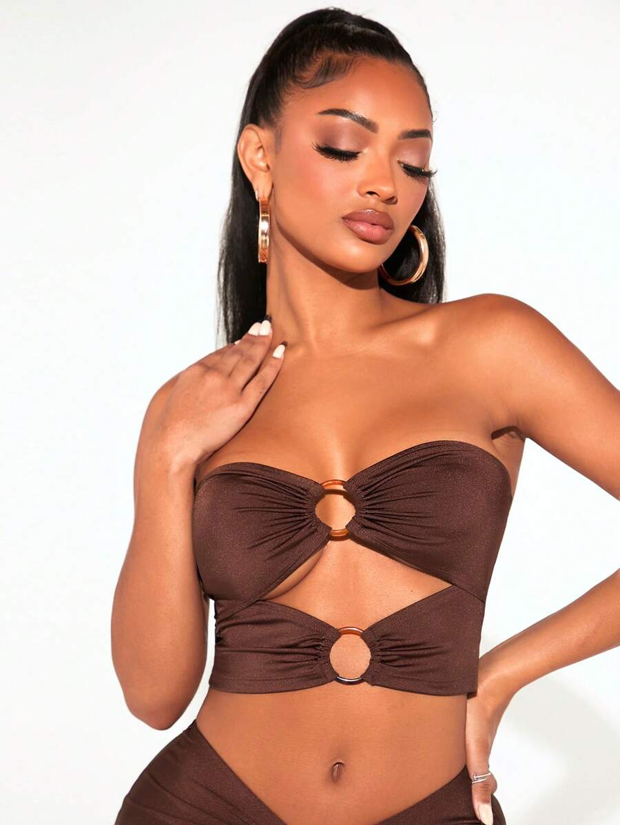 SHEIN SXY Ring Linked Cut Out Front Tube Top - Chocolate Brown - View 1