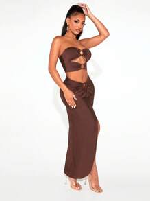 SHEIN SXY Ring Linked Cut Out Front Tube Top - Chocolate Brown - View 4