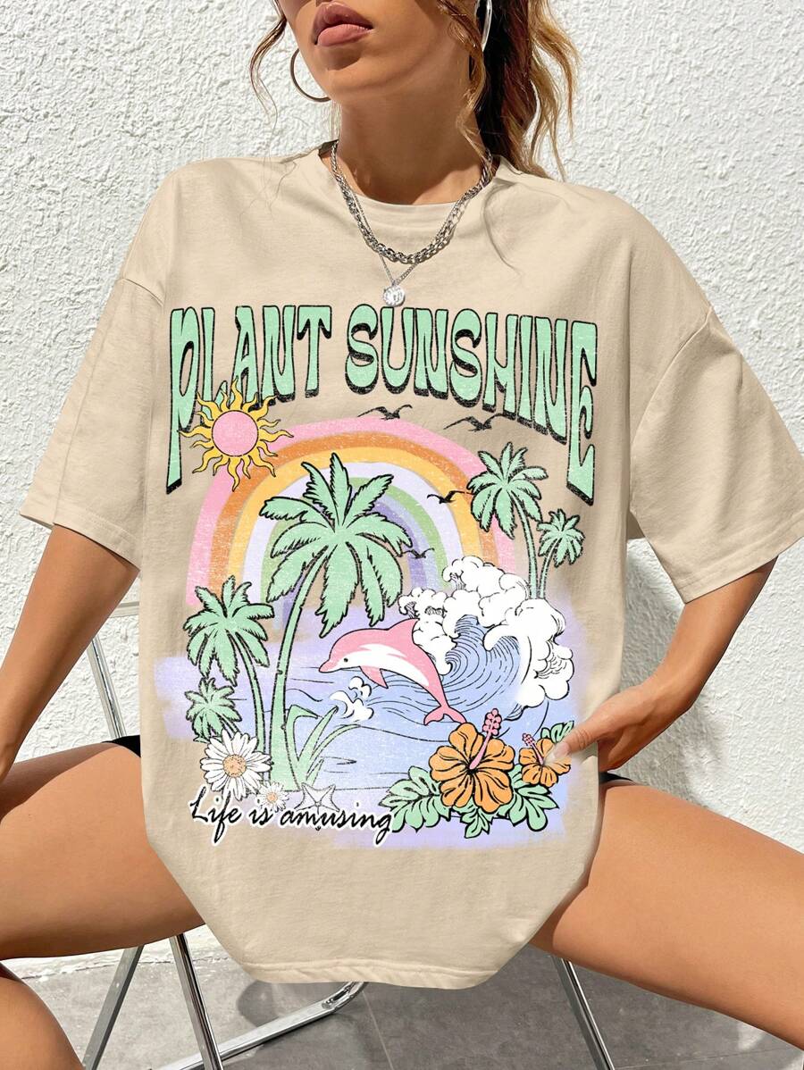 SHEIN EZwear 字母熱帶圖案落肩袖超大號T恤 - 杏色 - 查看 1