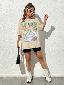 SHEIN EZwear 字母熱帶圖案落肩袖超大號T恤 - 杏色 - 查看 5