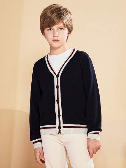 SOLOCOTE Tween Boy Contrast Trim Button Front Cardigan