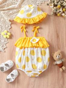 SHEIN 嬰兒波點圖案荷葉邊吊帶連體衣和帽 - 彩色 - 查看 1