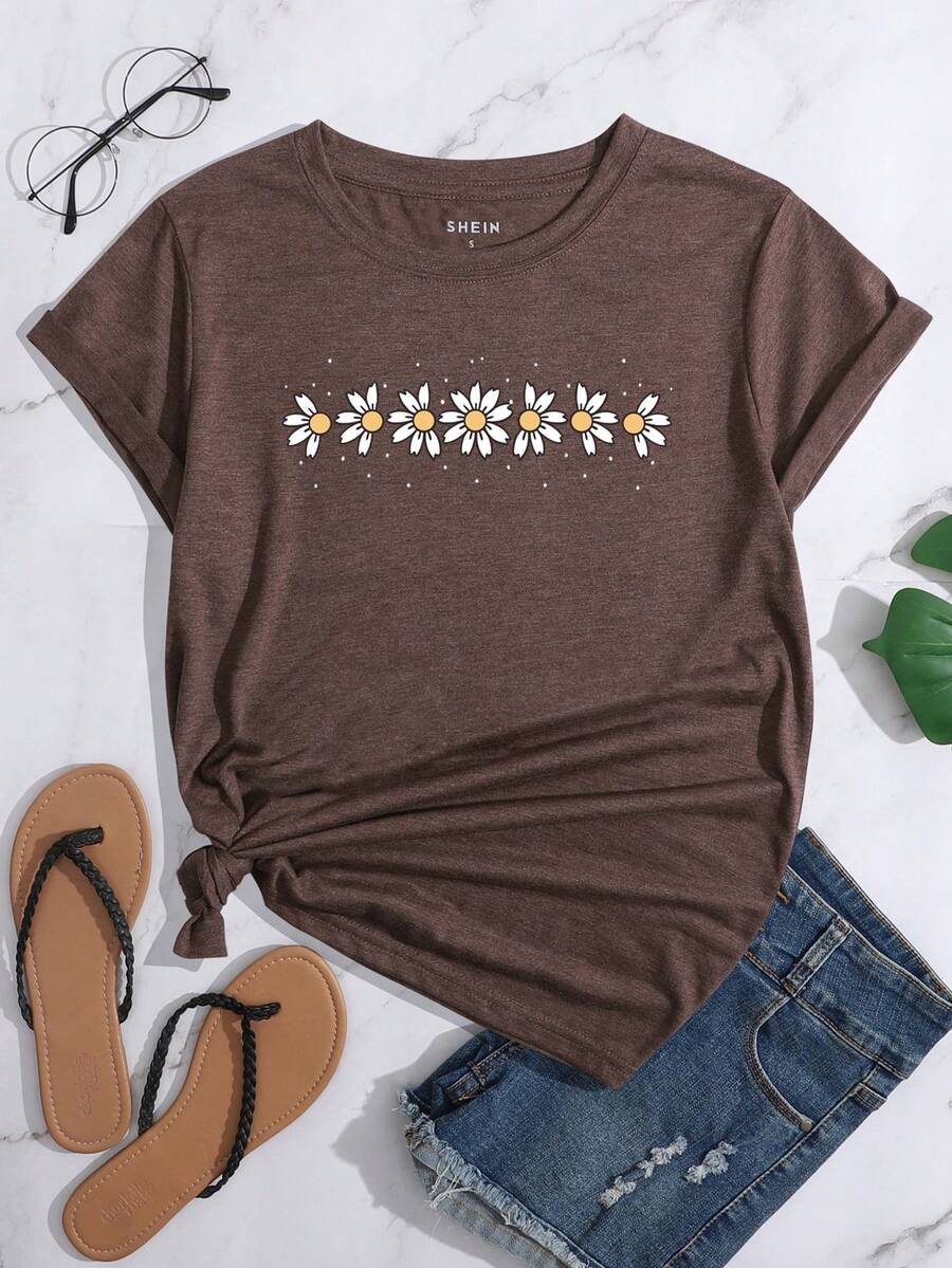 SHEIN Essnce Camiseta con estampado floral - Marrón Chocolate - Ver 1