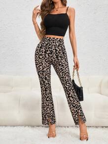 SHEIN Essnce 豹紋印花下擺開叉喇叭褲 - 彩色 - 查看 6