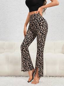 SHEIN Essnce 豹紋印花下擺開叉喇叭褲 - 彩色 - 查看 5