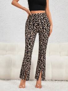 SHEIN Essnce 豹紋印花下擺開叉喇叭褲 - 彩色 - 查看 3