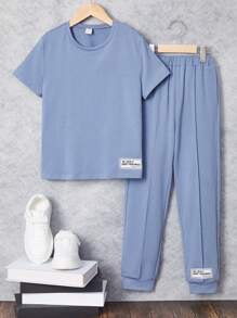 SHEIN Boys Letter Patched Tee & Joggers - Baby Blue - View 1