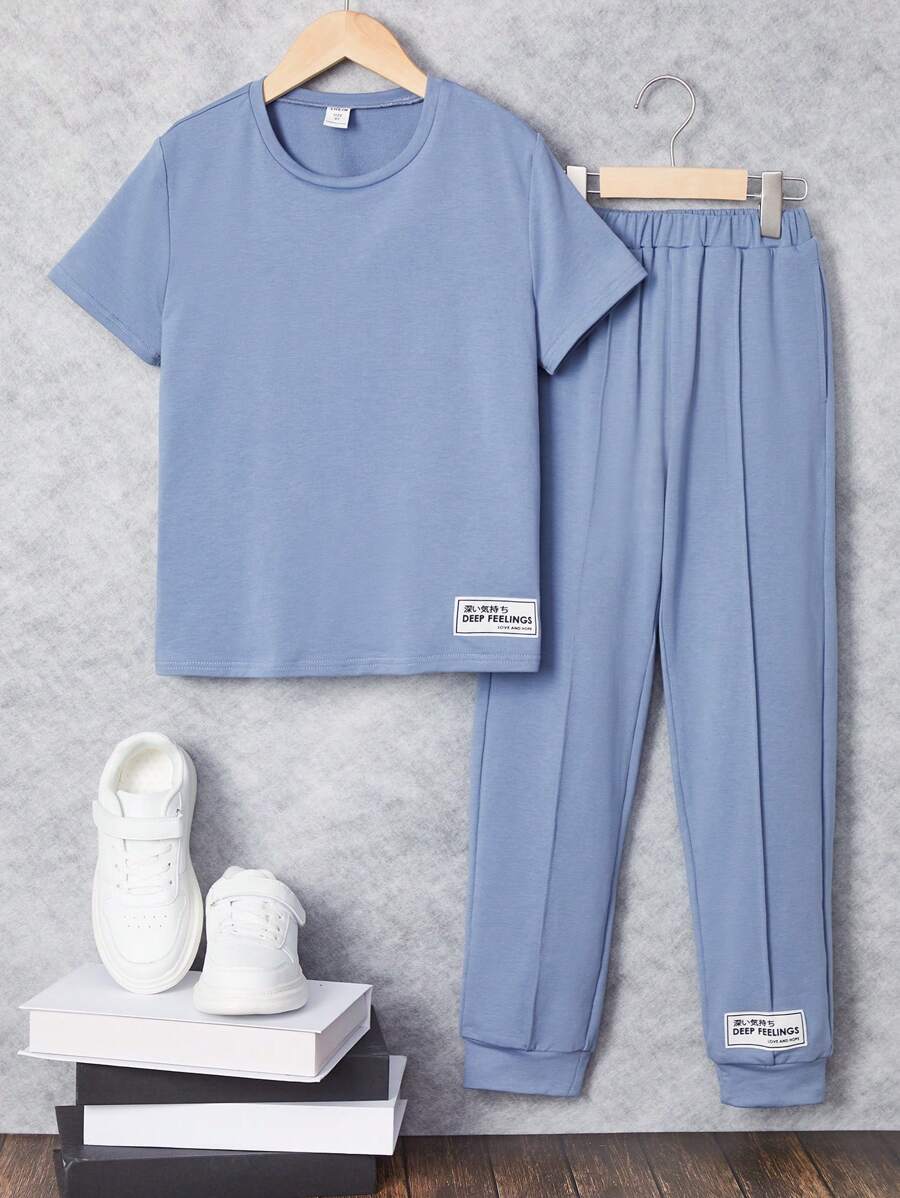 SHEIN Boys Letter Patched Tee & Joggers - Baby Blue - View 1