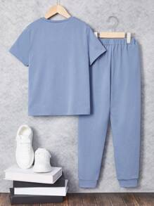 SHEIN Boys Letter Patched Tee & Joggers - Baby Blue - View 2