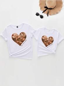 SHEIN 1入組女孩金屬質感漸層愛心圖案短袖T恤適合夏天 - 白色 - 查看 2