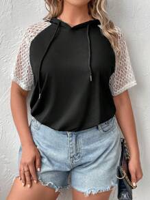 SHEIN LUNE Plus Contrast Lace Raglan Sleeve Drawstring Hooded Tee - Black and White - View 2