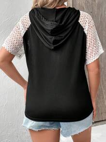 SHEIN LUNE Plus Contrast Lace Raglan Sleeve Drawstring Hooded Tee - Black and White - View 3
