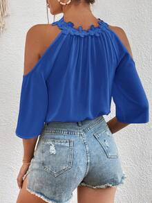 SHEIN VCAY Vacation Style Open Shoulder Lace Trim Halter Top In Solid Color - Blue - View 2