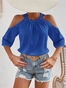 SHEIN VCAY Vacation Style Open Shoulder Lace Trim Halter Top In Solid Color - Blue - View 4