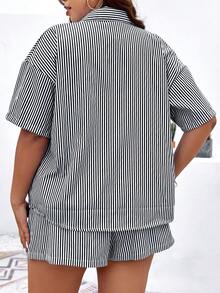 SHEIN LUNE Plus Striped Print Drop Shoulder Shirt & Shorts - Black and White - View 2
