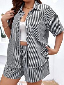 SHEIN LUNE Plus Striped Print Drop Shoulder Shirt & Shorts - Black and White - View 3