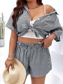 SHEIN LUNE Plus Striped Print Drop Shoulder Shirt & Shorts - Black and White - View 5