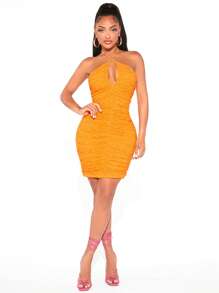 SHEIN SXY Đầm Lộ Lưng Xù Buộc lại màu trơn Gợi cảm - trái cam - Xem 5