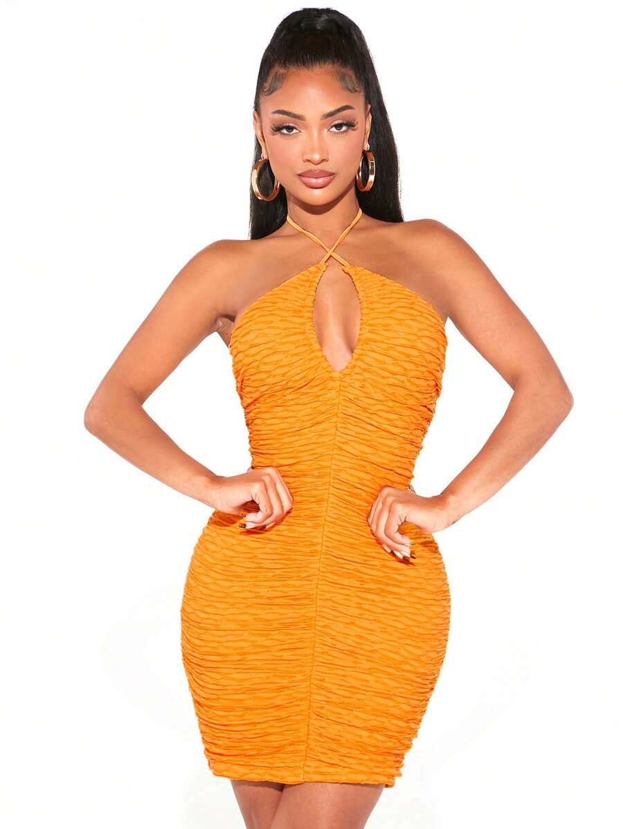 SHEIN SXY Đầm Lộ Lưng Xù Buộc lại màu trơn Gợi cảm - trái cam - Xem 1