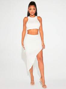 SHEIN SXY Solid Tank Top & Asymmetrical Hem Skirt - White - View 3