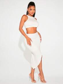 SHEIN SXY Solid Tank Top & Asymmetrical Hem Skirt - White - View 4