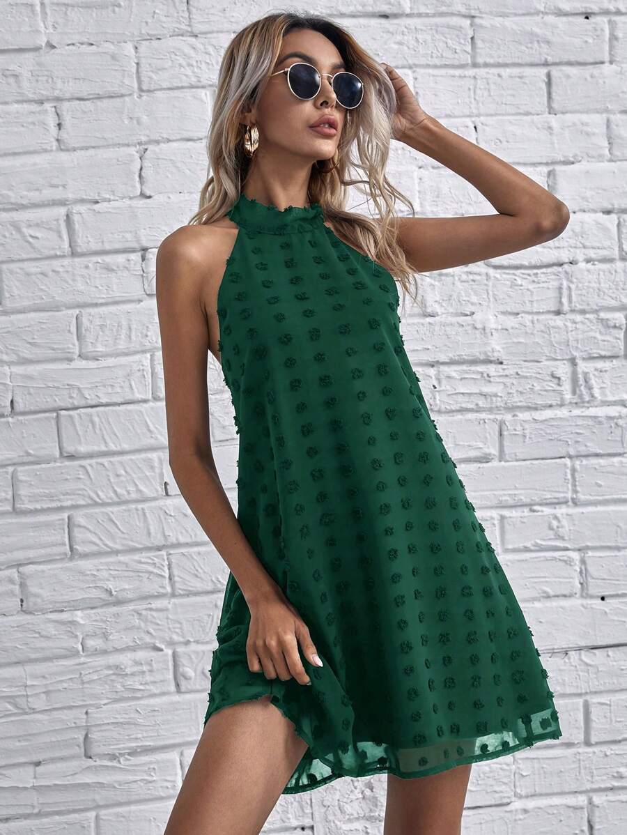 SHEIN Clasi Swiss Dot Tie Back Halter Dress - Dark Green - View 1