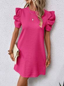 SHEIN Clasi Solid Puff Sleeve Tunic Dress
