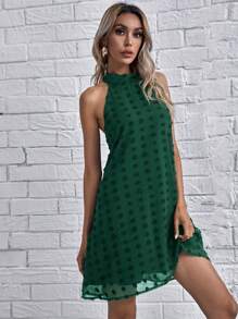 SHEIN Clasi Swiss Dot Tie Back Halter Dress - Dark Green - View 4