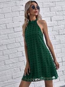 SHEIN Clasi Swiss Dot Tie Back Halter Dress - Dark Green - View 5
