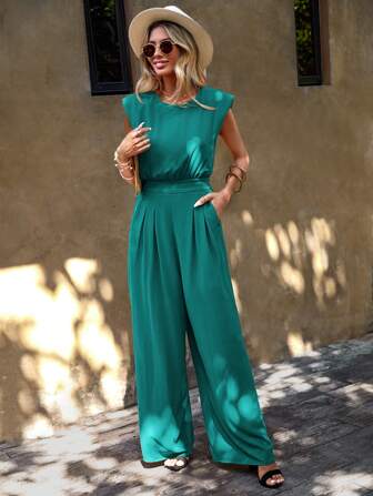 SHEIN Clasi 素色墊肩闊腿連體褲