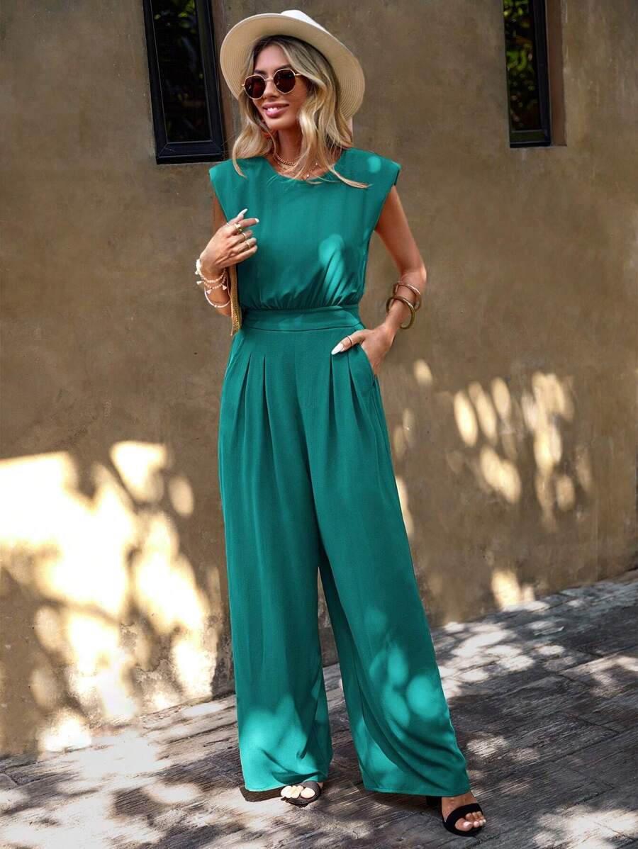 SHEIN Clasi 素色墊肩闊腿連體褲 - 綠色 - 查看 1