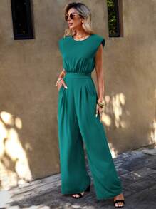 SHEIN Clasi 素色墊肩闊腿連體褲 - 綠色 - 查看 6