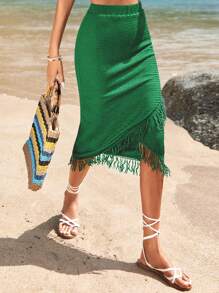 SHEIN VCAY Fringe Trim Wrap Hem Skirt - Green - View 3