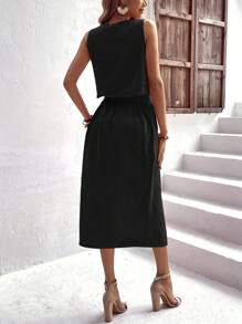 SHEIN LUNE Solid Tank Top & Button Front Skirt - Black - View 2