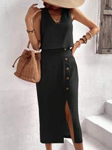 SHEIN LUNE Solid Tank Top & Button Front Skirt - Black - View 4