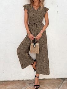 SHEIN VCAY 滿版印花蝴蝶袖腰帶闊腿連體褲 - 摩卡棕 - 查看 1