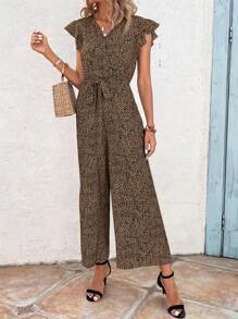 SHEIN VCAY 滿版印花蝴蝶袖腰帶闊腿連體褲 - 摩卡棕 - 查看 4