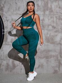 SHEIN Rhythm Era Conjunto deportivo de mujer con cuatro vías de estiramiento y plisado - Agua verde azul - Ver 5