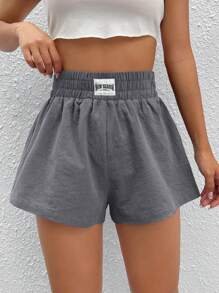 SHEIN EZwear Letter Patched Detail Elastic Waist Shorts - Dark Grey - View 3