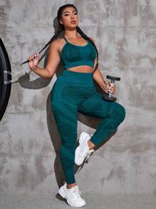 SHEIN Rhythm Era Conjunto deportivo de mujer con cuatro vías de estiramiento y plisado - Agua verde azul - Ver 1