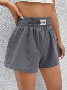 SHEIN EZwear Letter Patched Detail Elastic Waist Shorts - Dark Grey - View 6