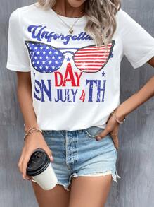 SHEIN LUNE 美式和字母圖案T恤 - 白色 - 查看 1