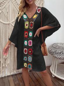 SHEIN Swim Floral Crochet Insert Cover Up Dress - Black - View 1