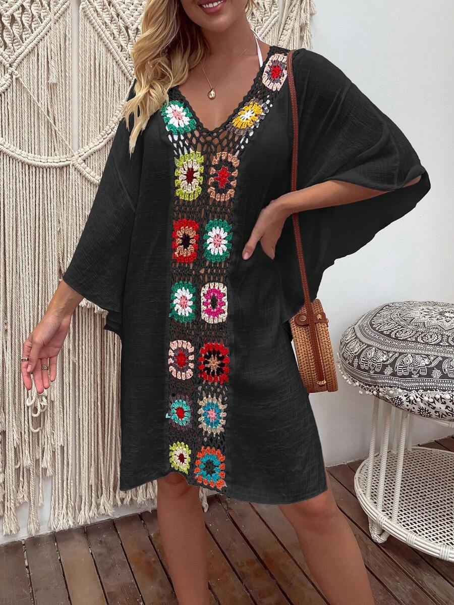 SHEIN Swim Floral Crochet Insert Cover Up Dress - Black - View 1