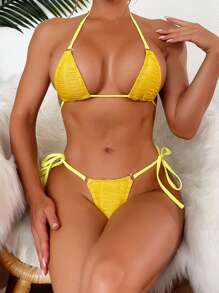 素色掛脖三角杯比基尼泳裝 - 黃色 - 查看 1