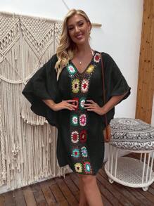 SHEIN Swim Floral Crochet Insert Cover Up Dress - Black - View 6