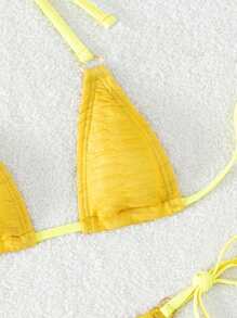 素色掛脖三角杯比基尼泳裝 - 黃色 - 查看 3