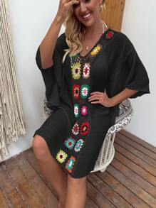 SHEIN Swim Floral Crochet Insert Cover Up Dress - Black - View 7