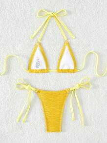 素色掛脖三角杯比基尼泳裝 - 黃色 - 查看 6